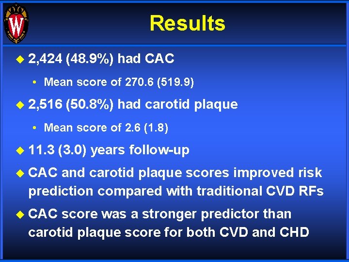 Results u 2, 424 (48. 9%) had CAC • Mean score of 270. 6