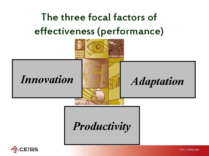 The three focal factors of effectiveness (performance) Innovation Productivity Adaptation 