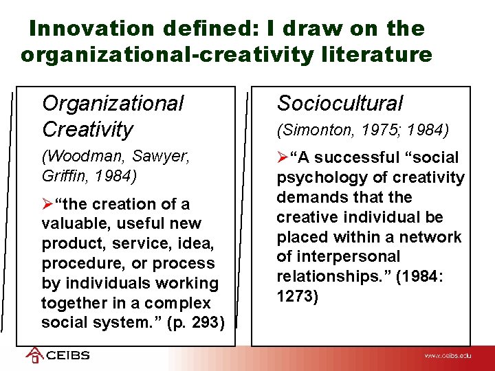 Innovation defined: I draw on the organizational-creativity literature Organizational Creativity Sociocultural (Woodman, Sawyer, Griffin,