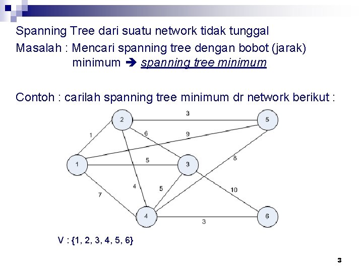 Spanning Tree dari suatu network tidak tunggal Masalah : Mencari spanning tree dengan bobot