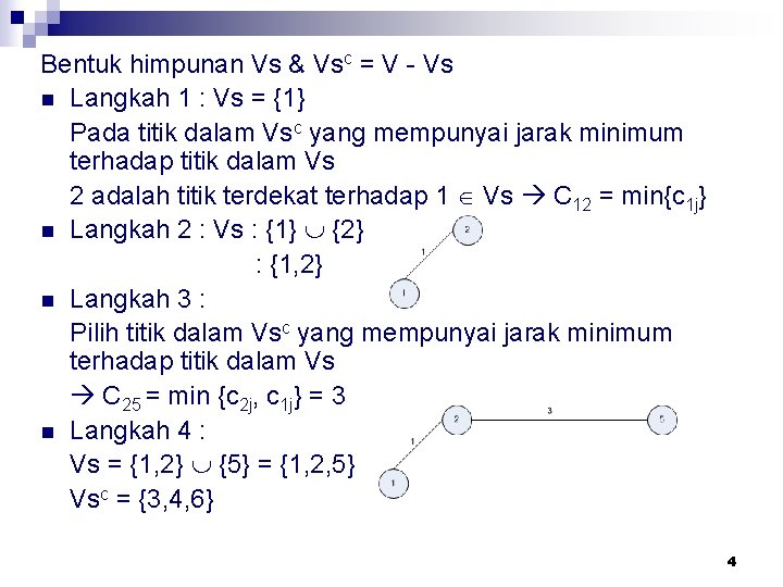 Bentuk himpunan Vs & Vsc = V - Vs n Langkah 1 : Vs