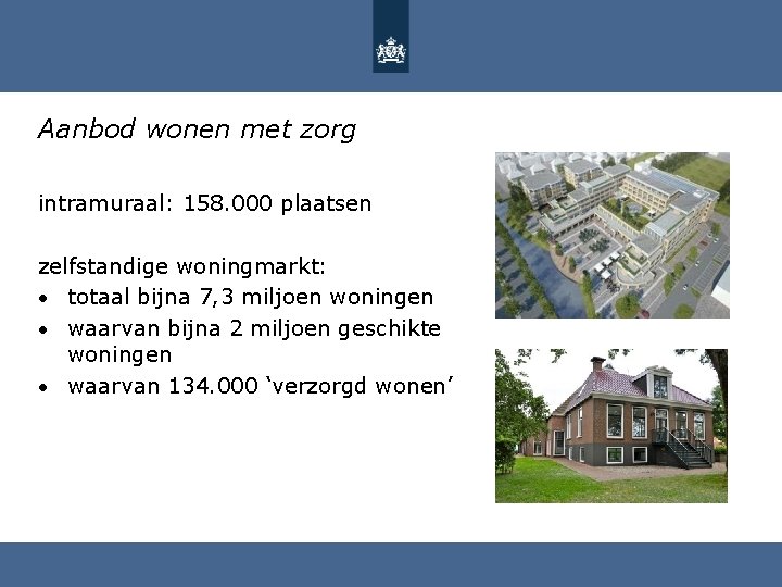 Aanbod wonen met zorg intramuraal: 158. 000 plaatsen zelfstandige woningmarkt: • totaal bijna 7,