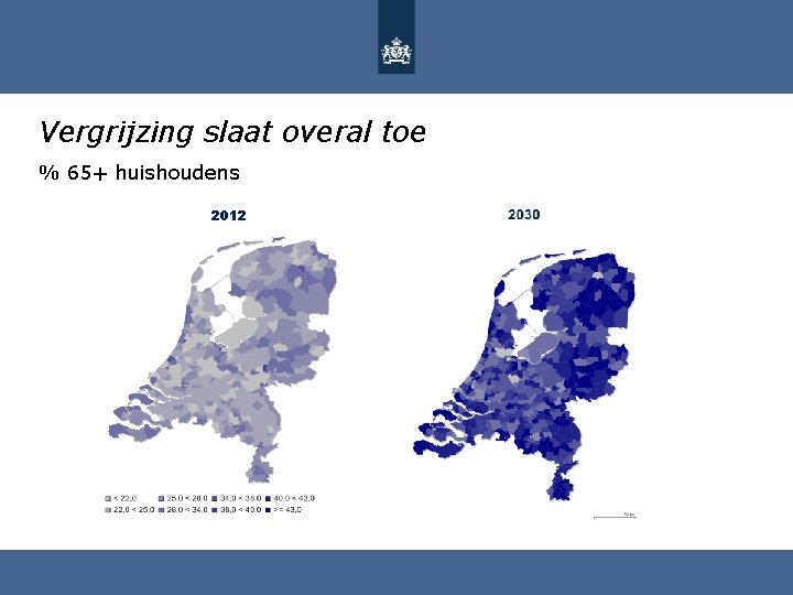 Vergrijzing slaat overal toe % 65+ huishoudens 2012 