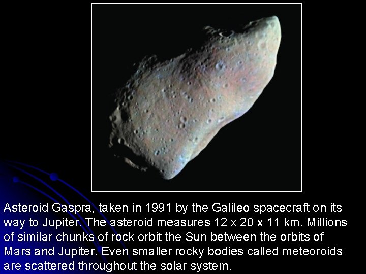 Asteroid Gaspra, taken in 1991 by the Galileo spacecraft on its way to Jupiter.