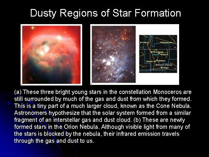 Dusty Regions of Star Formation (a) These three bright young stars in the constellation