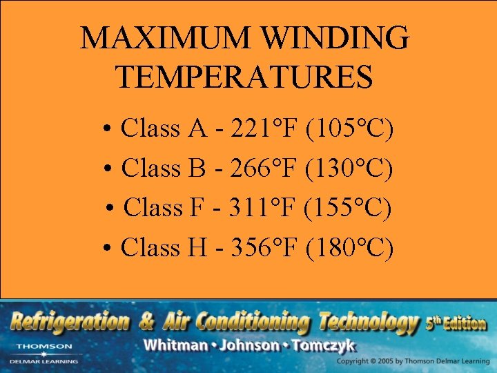 MAXIMUM WINDING TEMPERATURES • Class A - 221°F (105°C) • Class B - 266°F MAXIMUM WINDING TEMPERATURES • Class A - 221°F (105°C) • Class B - 266°F