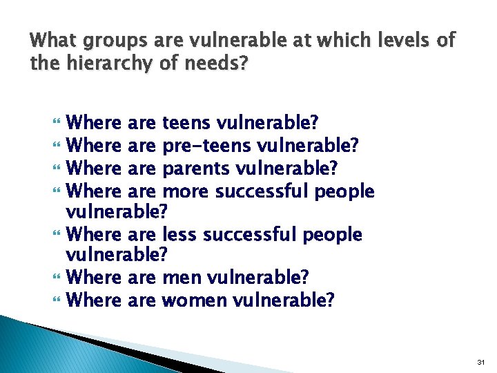 What groups are vulnerable at which levels of the hierarchy of needs? Where are What groups are vulnerable at which levels of the hierarchy of needs? Where are