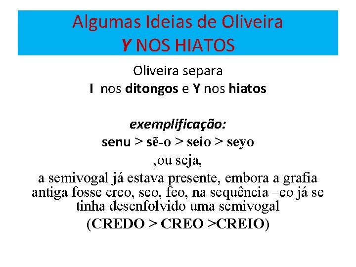 Algumas Ideias de Oliveira Y NOS HIATOS Oliveira separa I nos ditongos e Y