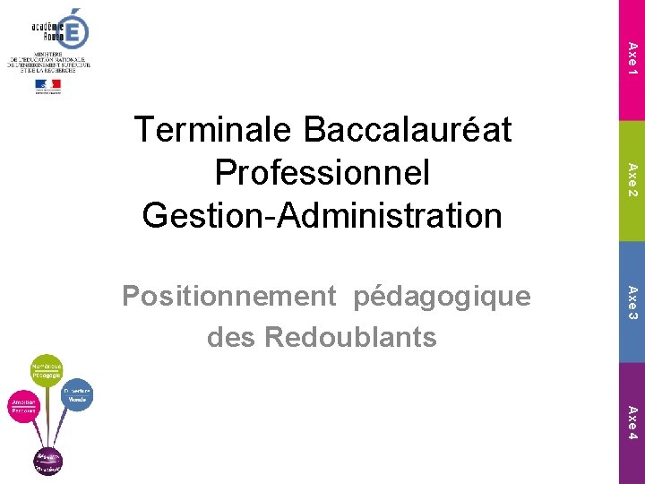 Axe 1 Axe 3 Positionnement pédagogique des Redoublants Axe 2 Terminale Baccalauréat Professionnel Gestion-Administration