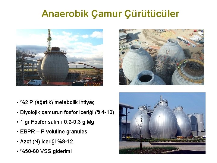 Anaerobik Çamur Çürütücüler • %2 P (ağırlık) metabolik ihtiyaç • Biyolojik çamurun fosfor içeriği