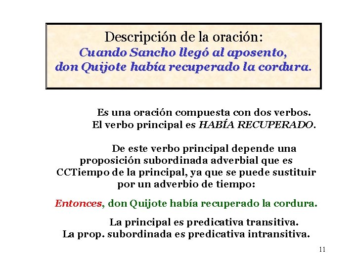 Descripción de la oración: Cuando Sancho llegó al aposento, don Quijote había recuperado la