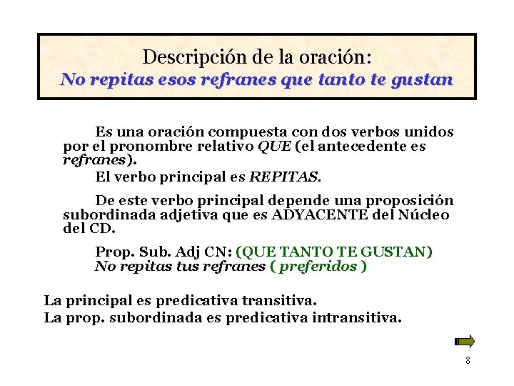 Descripción de la oración: No repitas esos refranes que tanto te gustan Es una