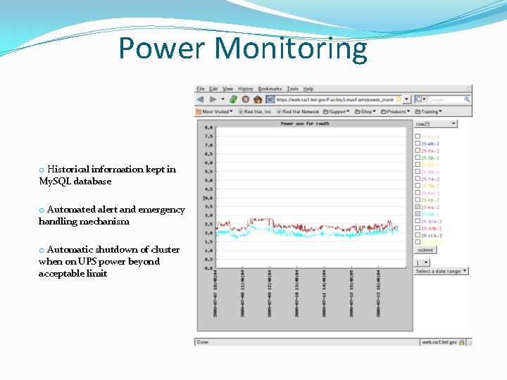 Power Monitoring o Historical information kept in My. SQL database o Automated alert and