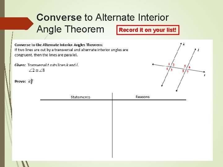 Converse to Alternate Interior Angle Theorem Record it on your list! 