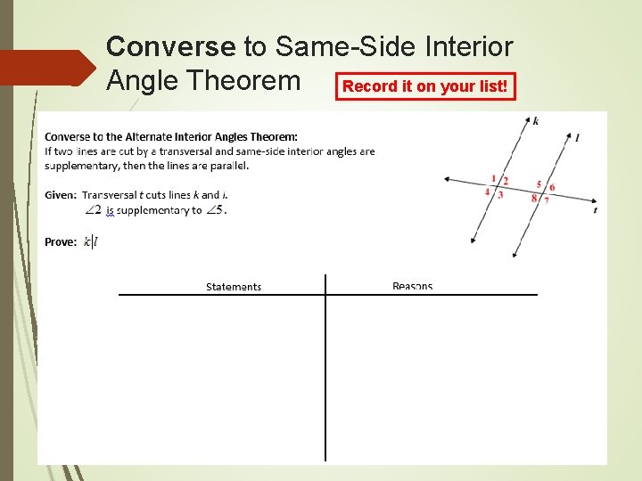Converse to Same-Side Interior Angle Theorem Record it on your list! 