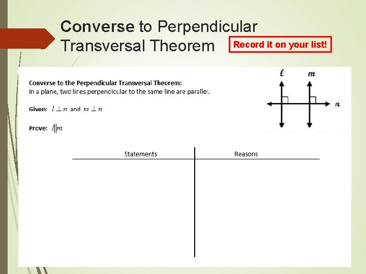 Converse to Perpendicular Transversal Theorem Record it on your list! 