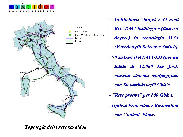 - Architettura “target”: 44 nodi ROADM Multidegree (fino a 9 degree) in tecnologia WSS