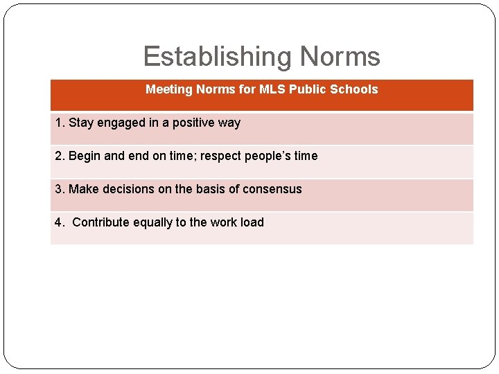 Establishing Norms Meeting Norms for MLS Public Schools 1. Stay engaged in a positive