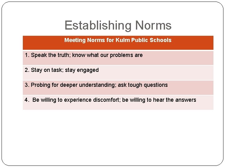 Establishing Norms Meeting Norms for Kulm Public Schools 1. Speak the truth; know what