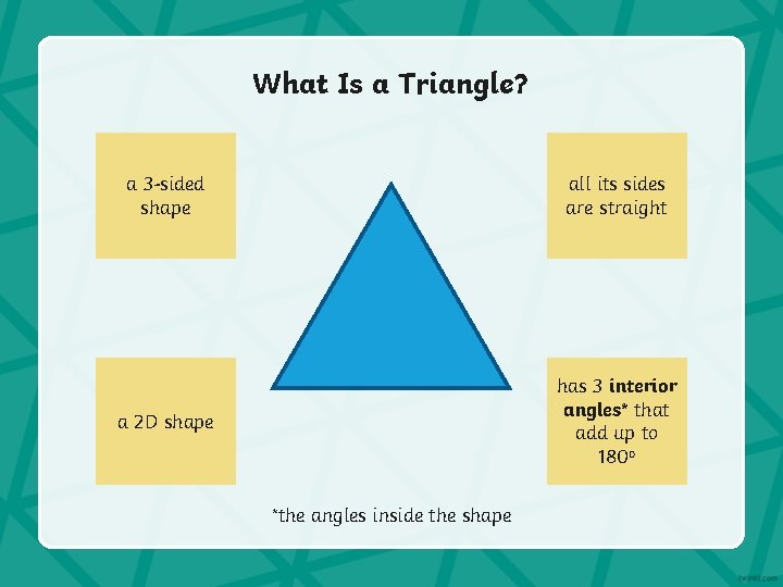 What Is a Triangle? a 3 -sided shape all its sides are straight a