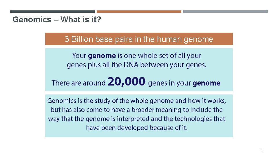 Genomics – What is it? 3 Billion base pairs in the human genome 3