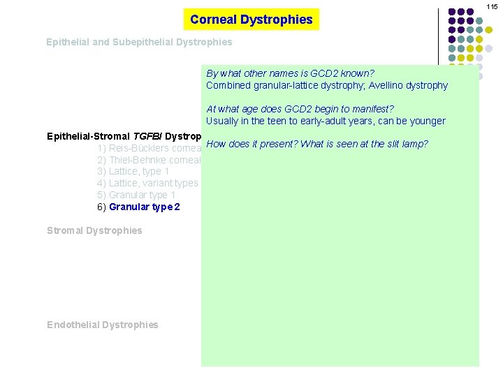 115 Corneal Dystrophies Epithelial and Subepithelial Dystrophies By what other names is GCD 2