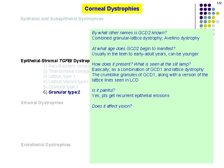 122 Corneal Dystrophies Epithelial and Subepithelial Dystrophies By what other names is GCD 2