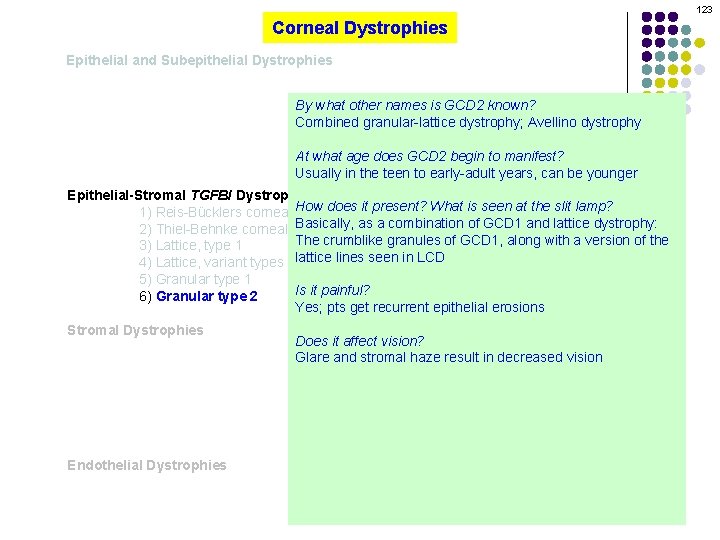 123 Corneal Dystrophies Epithelial and Subepithelial Dystrophies By what other names is GCD 2