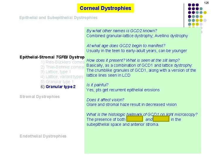 125 Corneal Dystrophies Epithelial and Subepithelial Dystrophies By what other names is GCD 2