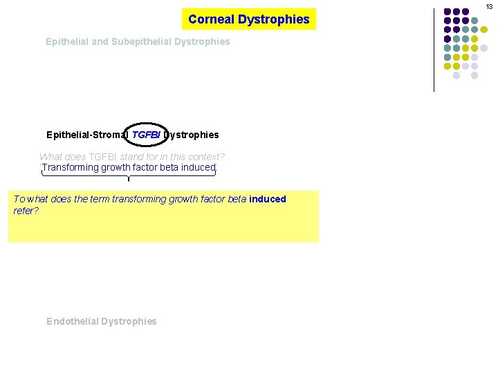 13 Corneal Dystrophies Epithelial and Subepithelial Dystrophies Epithelial-Stromal TGFBI Dystrophies What does TGFBI stand