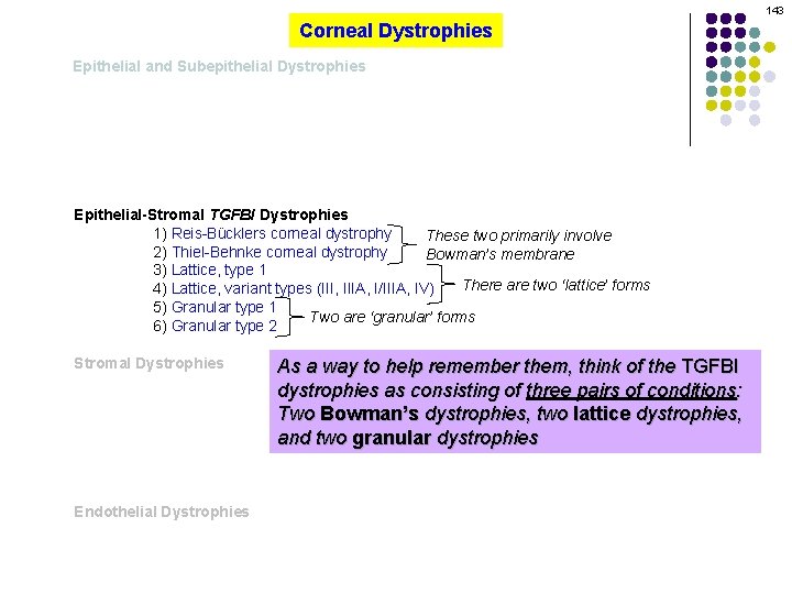 143 Corneal Dystrophies Epithelial and Subepithelial Dystrophies Epithelial-Stromal TGFBI Dystrophies 1) Reis-Bücklers corneal dystrophy