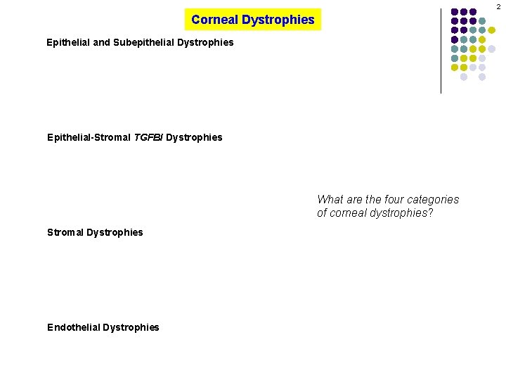 2 Corneal Dystrophies Epithelial and Subepithelial Dystrophies Epithelial-Stromal TGFBI Dystrophies What are the four