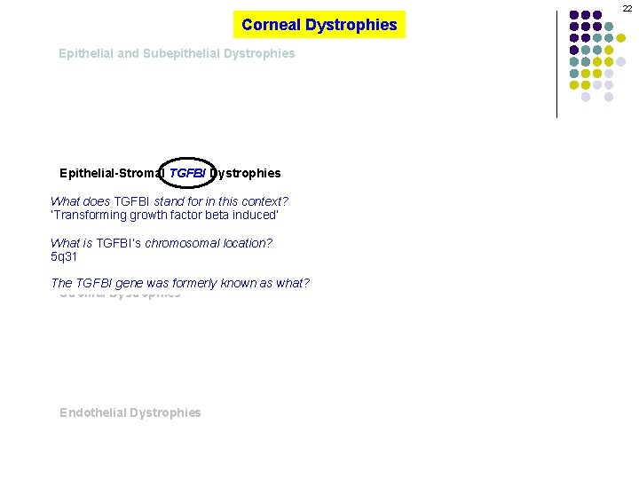 22 Corneal Dystrophies Epithelial and Subepithelial Dystrophies Epithelial-Stromal TGFBI Dystrophies What does TGFBI stand