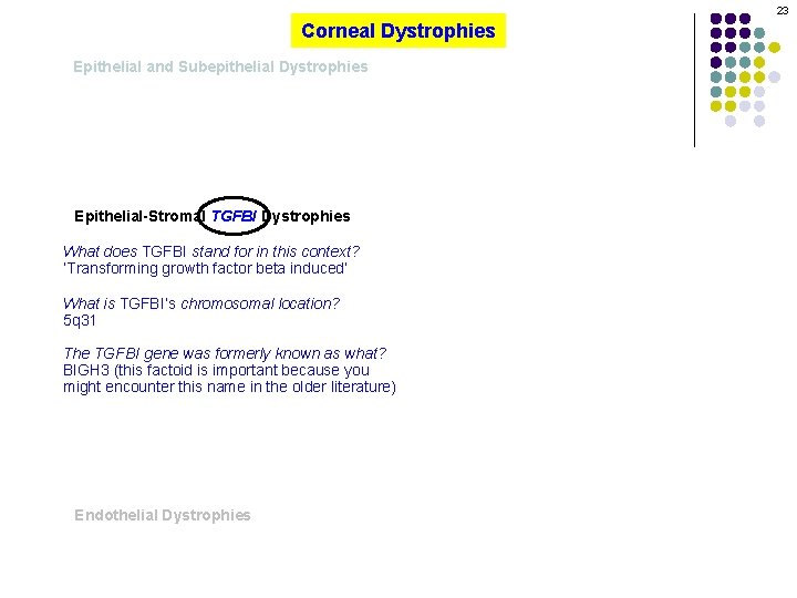 23 Corneal Dystrophies Epithelial and Subepithelial Dystrophies Epithelial-Stromal TGFBI Dystrophies What does TGFBI stand