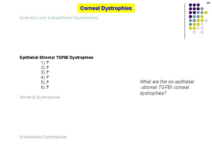 24 Corneal Dystrophies Epithelial and Subepithelial Dystrophies Epithelial-Stromal TGFBI Dystrophies 1) ? 2) ?