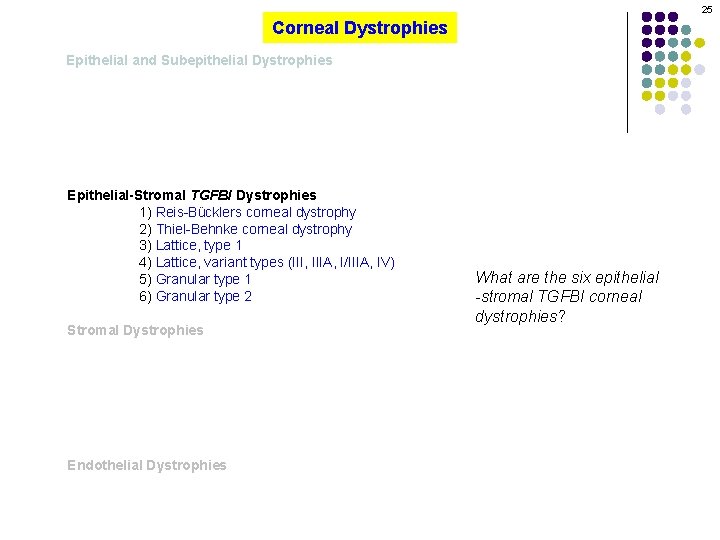 25 Corneal Dystrophies Epithelial and Subepithelial Dystrophies Epithelial-Stromal TGFBI Dystrophies 1) Reis-Bücklers corneal dystrophy