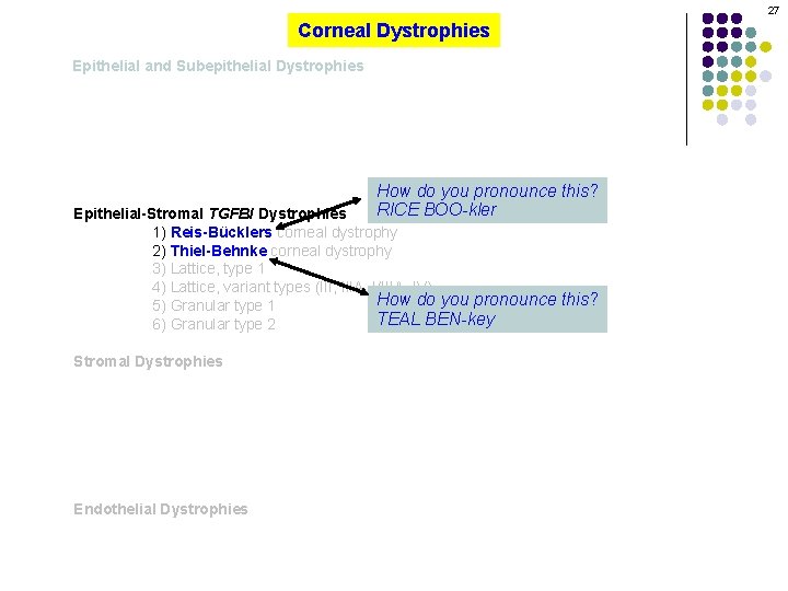 27 Corneal Dystrophies Epithelial and Subepithelial Dystrophies How do you pronounce this? RICE BOO-kler