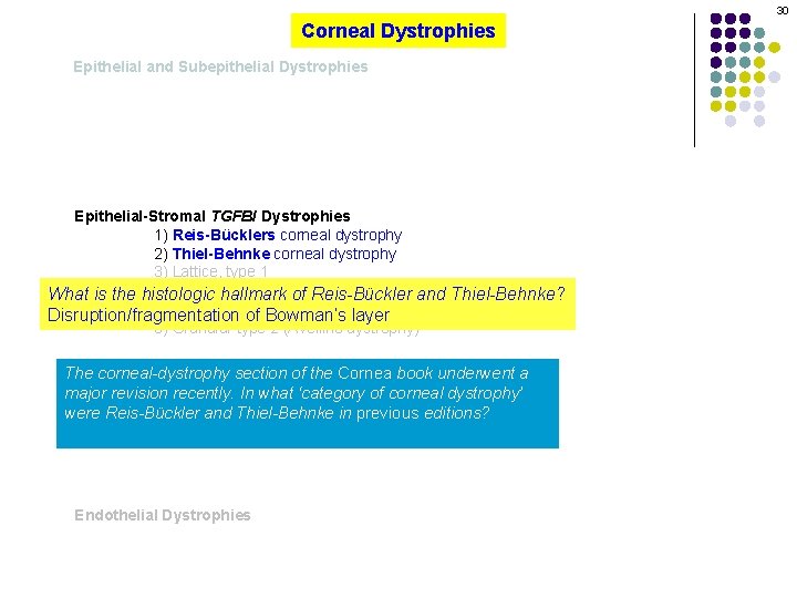 30 Corneal Dystrophies Epithelial and Subepithelial Dystrophies Epithelial-Stromal TGFBI Dystrophies 1) Reis-Bücklers corneal dystrophy