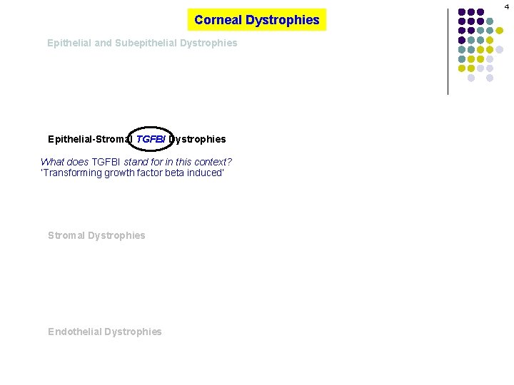 4 Corneal Dystrophies Epithelial and Subepithelial Dystrophies Epithelial-Stromal TGFBI Dystrophies What does TGFBI stand