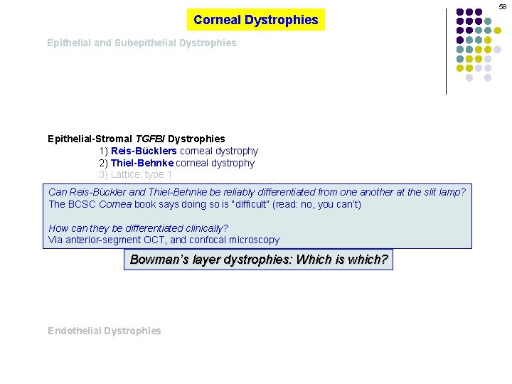 58 Corneal Dystrophies Epithelial and Subepithelial Dystrophies Epithelial-Stromal TGFBI Dystrophies 1) Reis-Bücklers corneal dystrophy