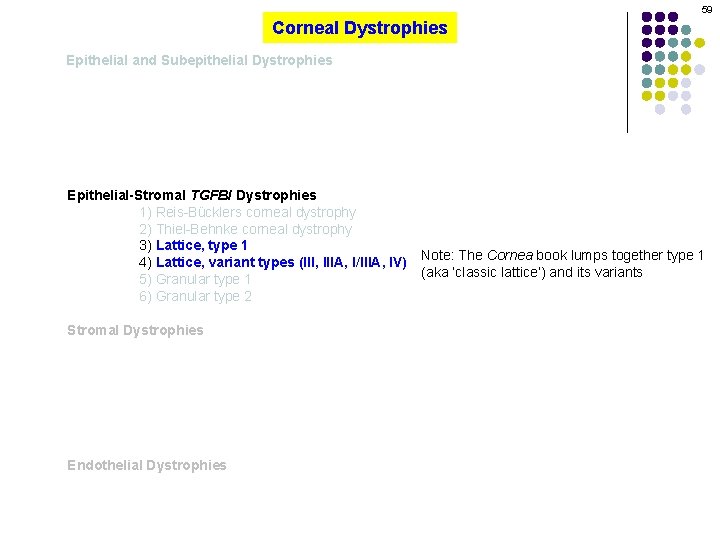 59 Corneal Dystrophies Epithelial and Subepithelial Dystrophies Epithelial-Stromal TGFBI Dystrophies 1) Reis-Bücklers corneal dystrophy