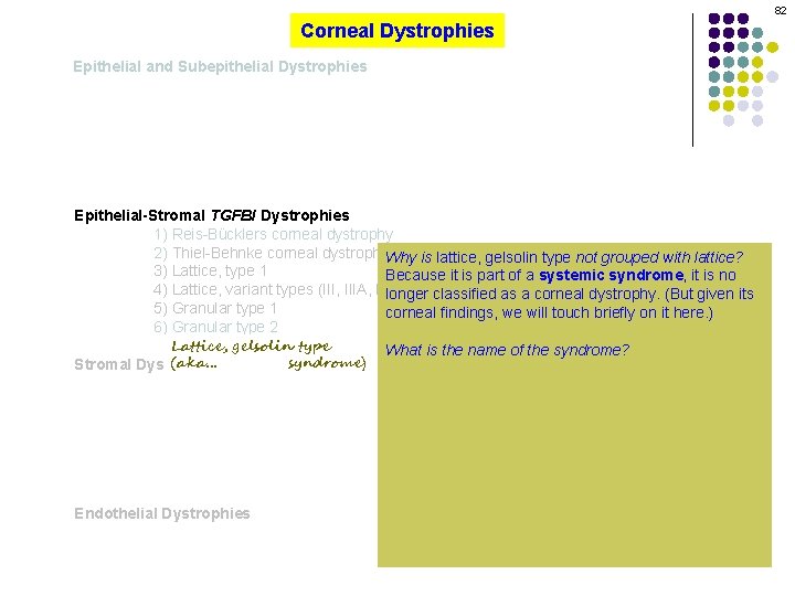 82 Corneal Dystrophies Epithelial and Subepithelial Dystrophies Epithelial-Stromal TGFBI Dystrophies 1) Reis-Bücklers corneal dystrophy