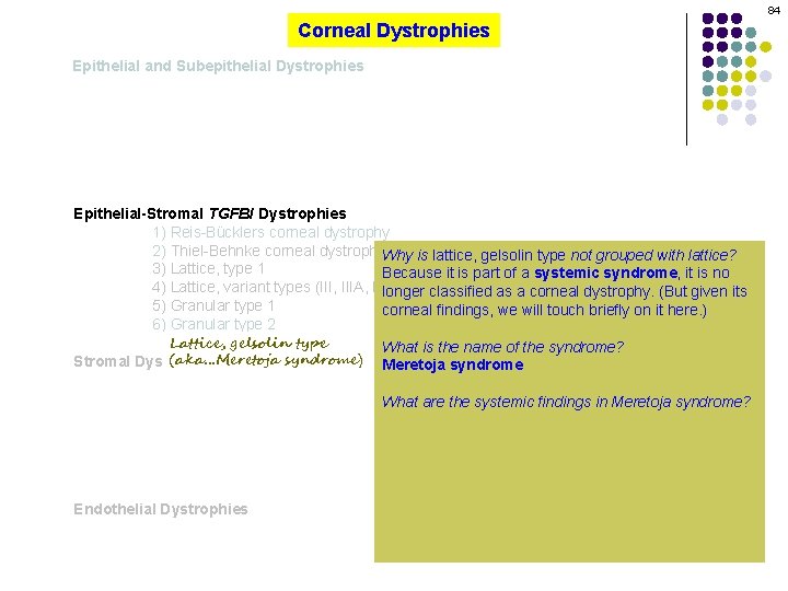 84 Corneal Dystrophies Epithelial and Subepithelial Dystrophies Epithelial-Stromal TGFBI Dystrophies 1) Reis-Bücklers corneal dystrophy
