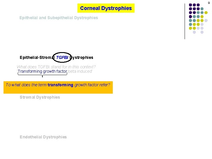 9 Corneal Dystrophies Epithelial and Subepithelial Dystrophies Epithelial-Stromal TGFBI Dystrophies What does TGFBI stand