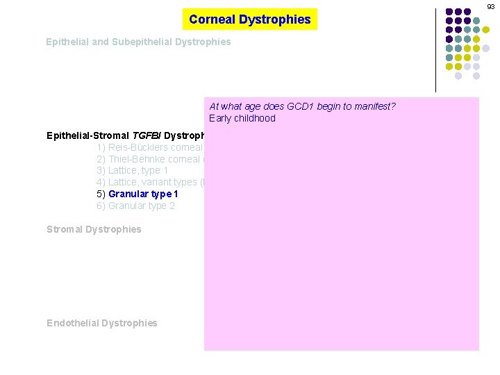 93 Corneal Dystrophies Epithelial and Subepithelial Dystrophies At what age does GCD 1 begin