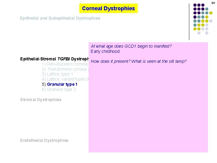 94 Corneal Dystrophies Epithelial and Subepithelial Dystrophies At what age does GCD 1 begin