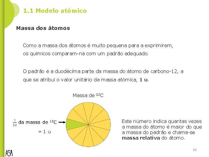 1. 1 Modelo atómico Massa dos átomos Como a massa dos átomos é muito