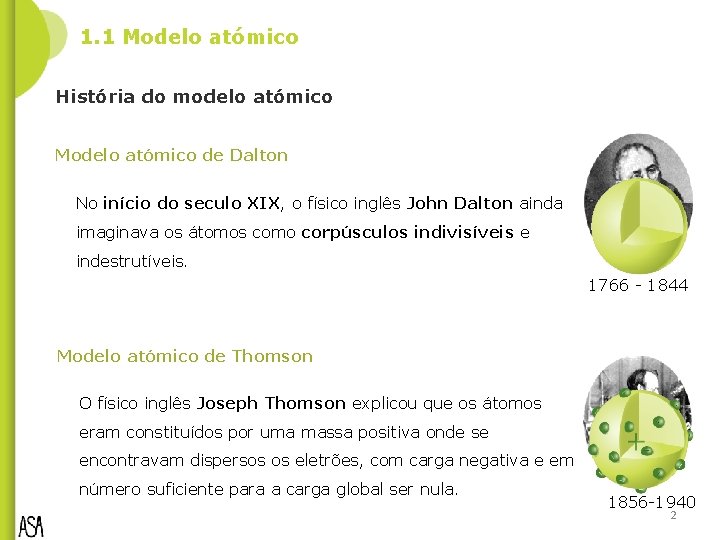 1. 1 Modelo atómico História do modelo atómico Modelo atómico de Dalton No início