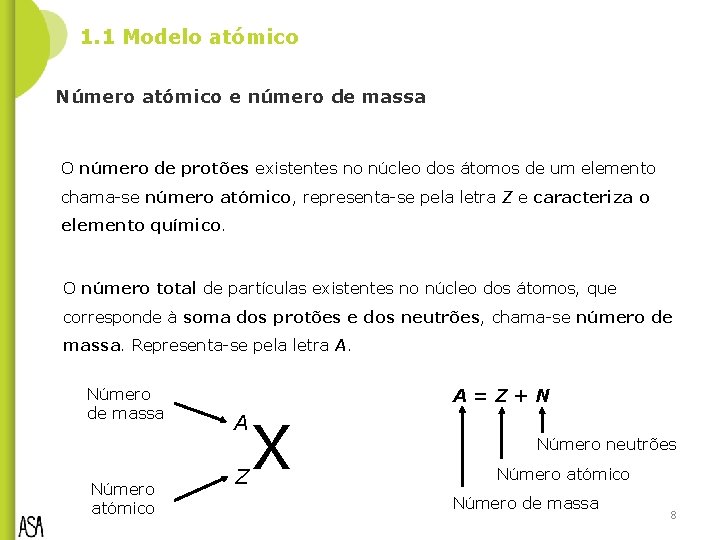 1. 1 Modelo atómico Número atómico e número de massa O número de protões