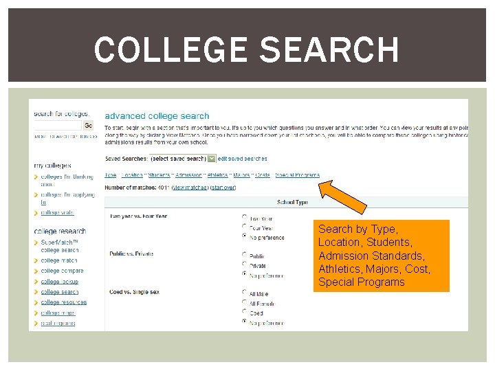 COLLEGE SEARCH Search by Type, Location, Students, Admission Standards, Athletics, Majors, Cost, Special Programs